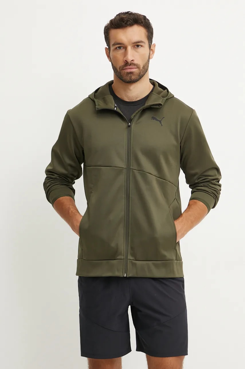 Puma bluză trening Train All Day barbati, culoarea verde, cu glugă, neted Puma bluză trening Train All Day barbati, culoarea verde, cu glugă, neted