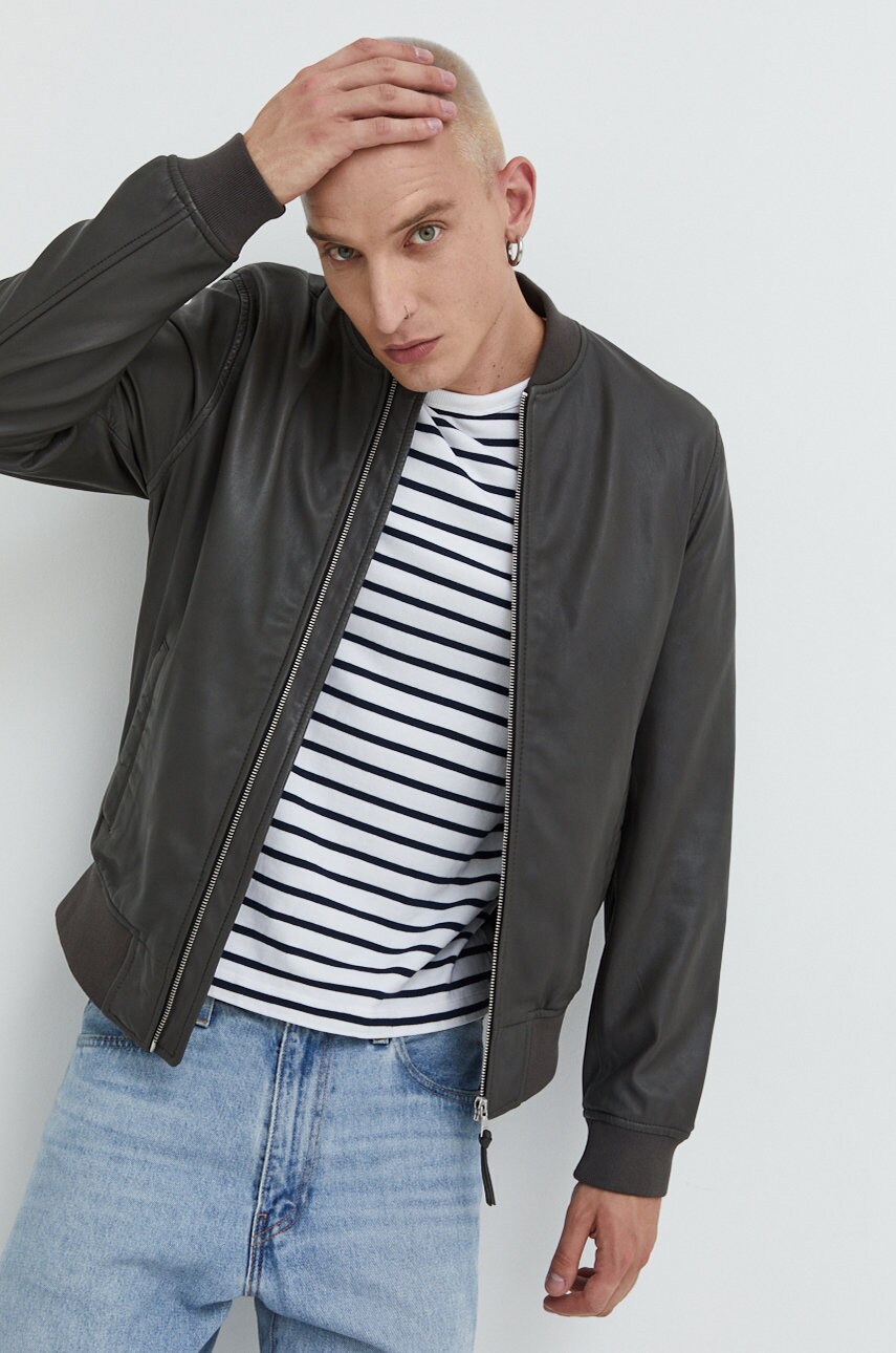 Superdry geaca bomber de piele barbati, culoarea gri, de tranzitie