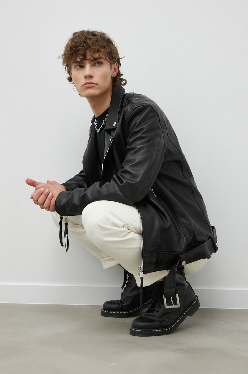 Young poets society geaca ramones de piele joe heavy barbati, culoarea negru, de tranzitie, oversize