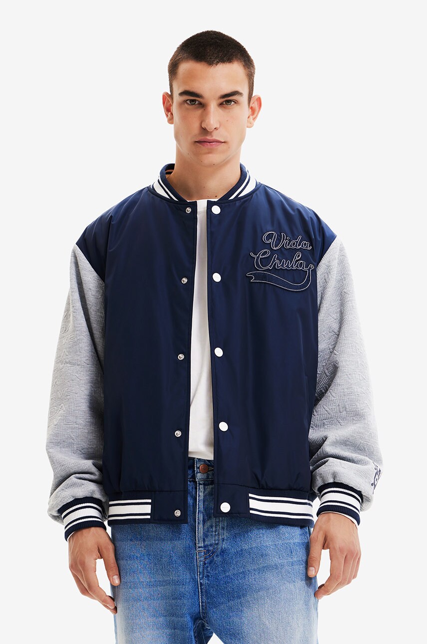 Desigual geaca bomber barbati, culoarea albastru marin, de tranzitie