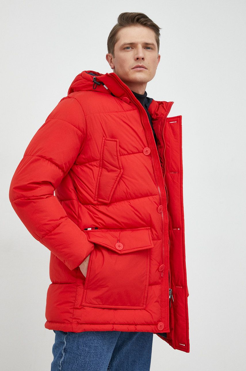Bunda Tommy Hilfiger pánská, červená barva, zimní - červená -  Hlavní materiál: 100% Polyester