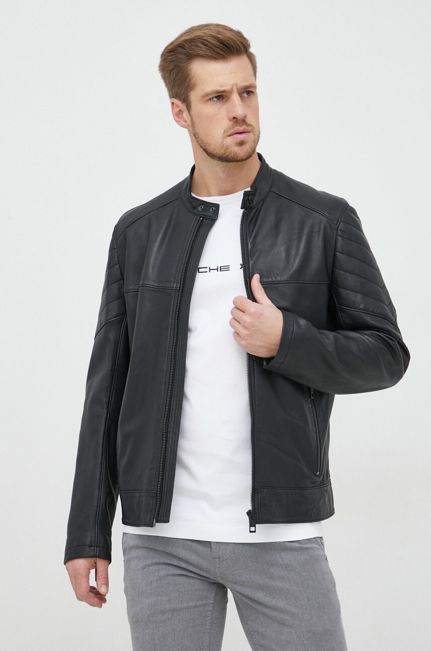 BOSS geaca de piele Boss Casual barbati, culoarea negru, de tranzitie