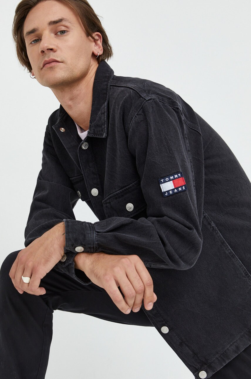 Tommy Jeans geaca jeans barbati, culoarea negru, de tranzitie answear.ro