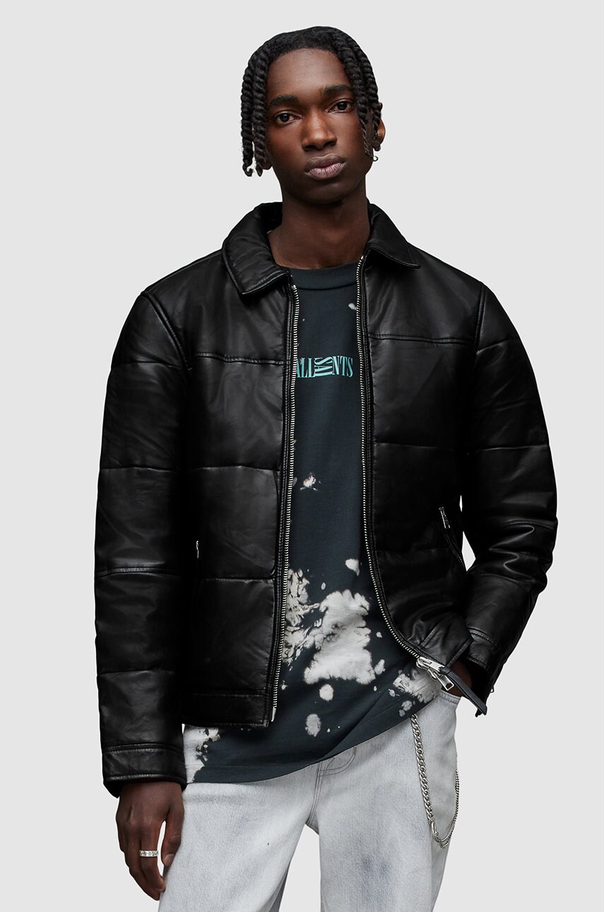 Allsaints geaca de piele barbati, culoarea negru, de tranzitie