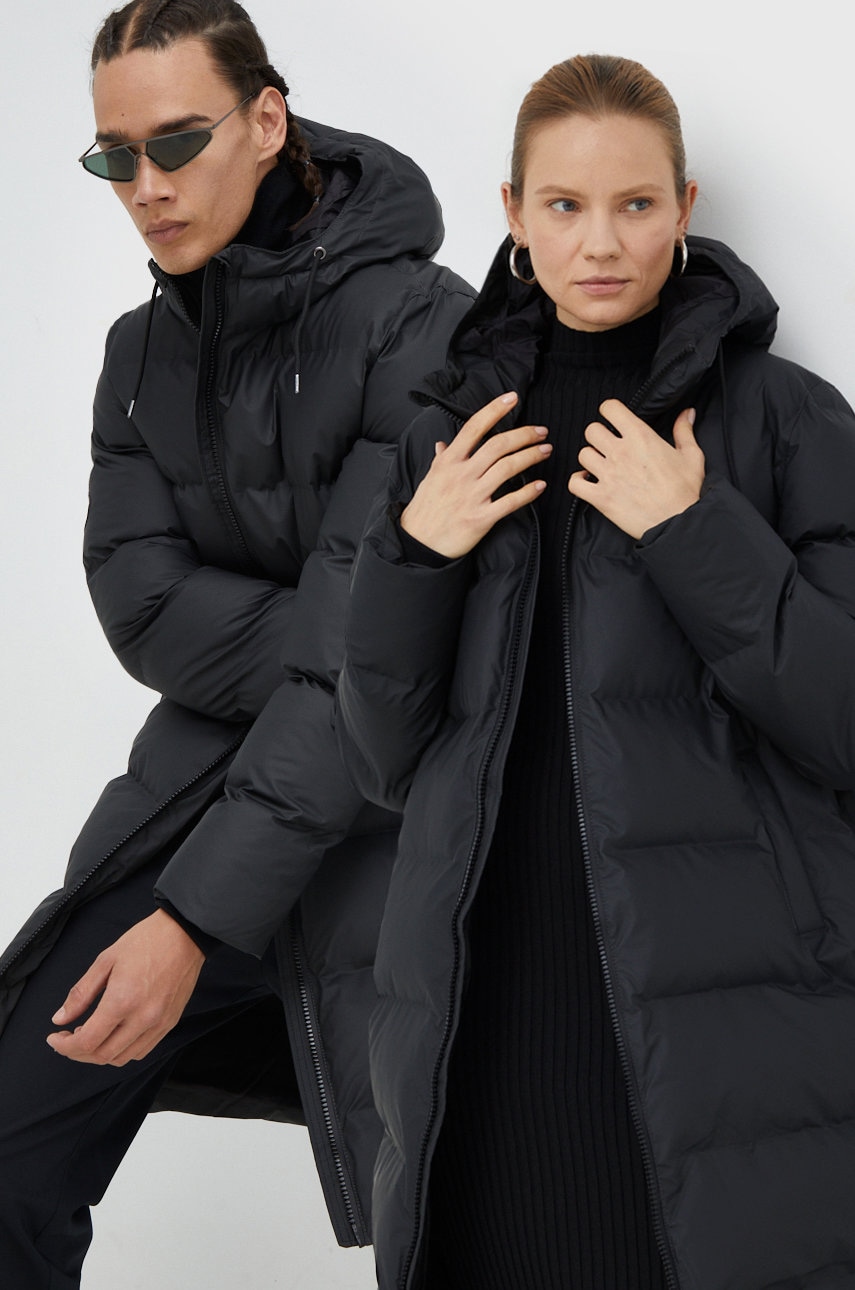Rains geaca 15070 Long Puffer Jacket, culoarea negru, de iarna