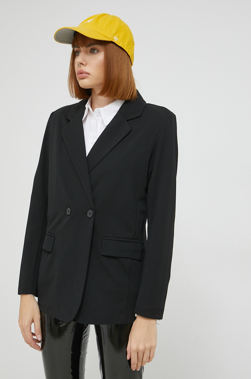 Jdy sacou culoarea negru, cu doua randuri de nasturi, neted