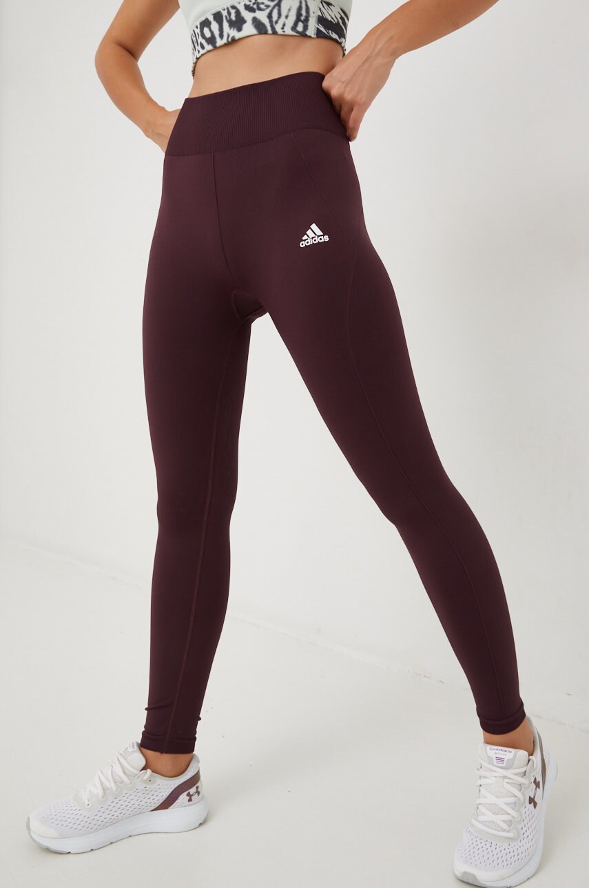 Adidas performance leggins de antrenament femei, culoarea bordo, neted