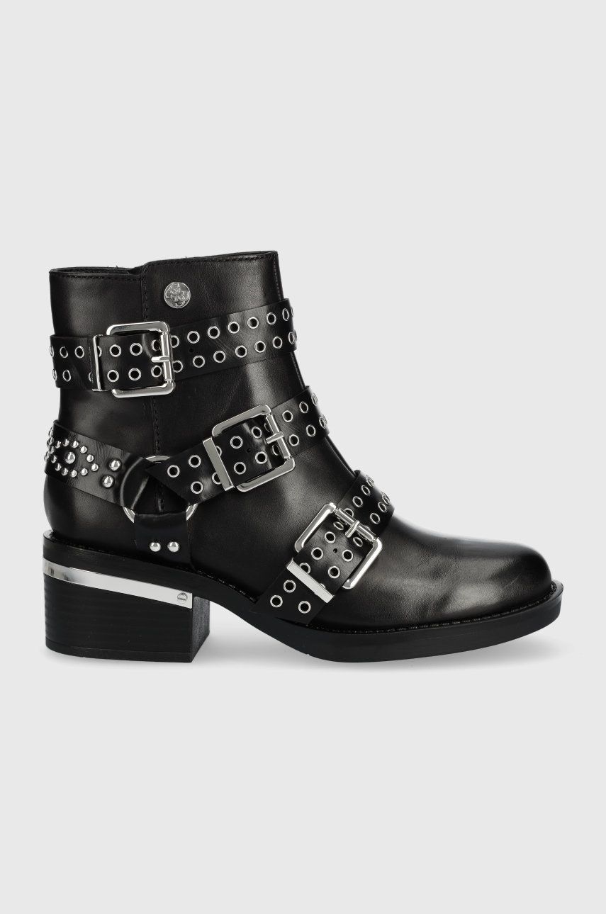 Kožené kotníkové boty Guess Fifii dámské, černá barva, na plochém podpatku - černá -  Svršek: U