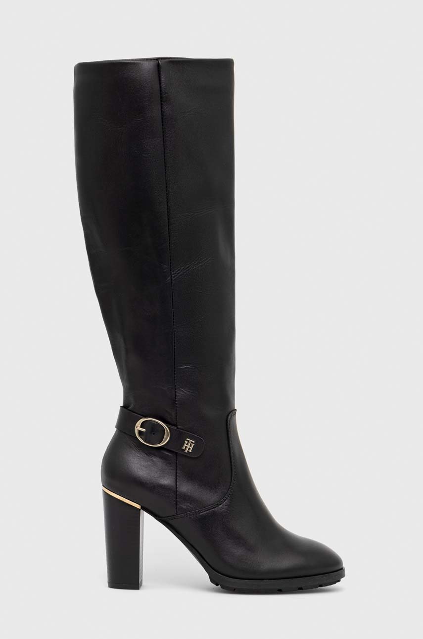 

Кожени ботуши Tommy Hilfiger Belt High Heel Longboot в черно с висок ток, Черен