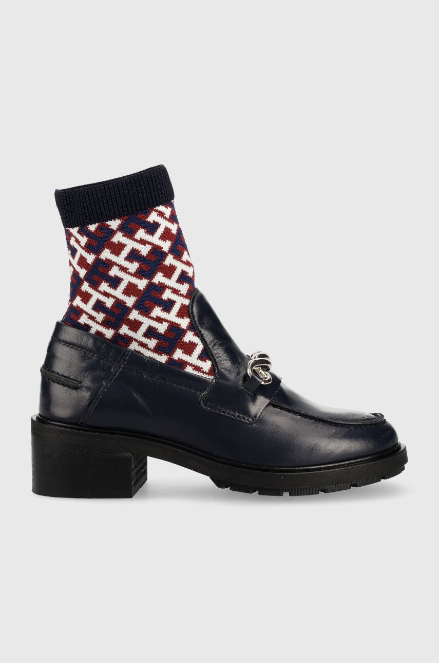 Kožené kotníkové boty Tommy Hilfiger Tommy Monogram Bootie dámské, tmavomodrá barva, na podpatku - n