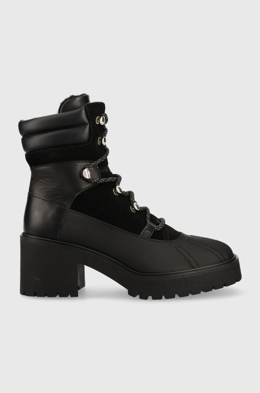 Levně Kožené kotníkové boty Tommy Hilfiger Heel Laced Outdoor Boot dámské, černá barva, na podpatku, lehce zateplené