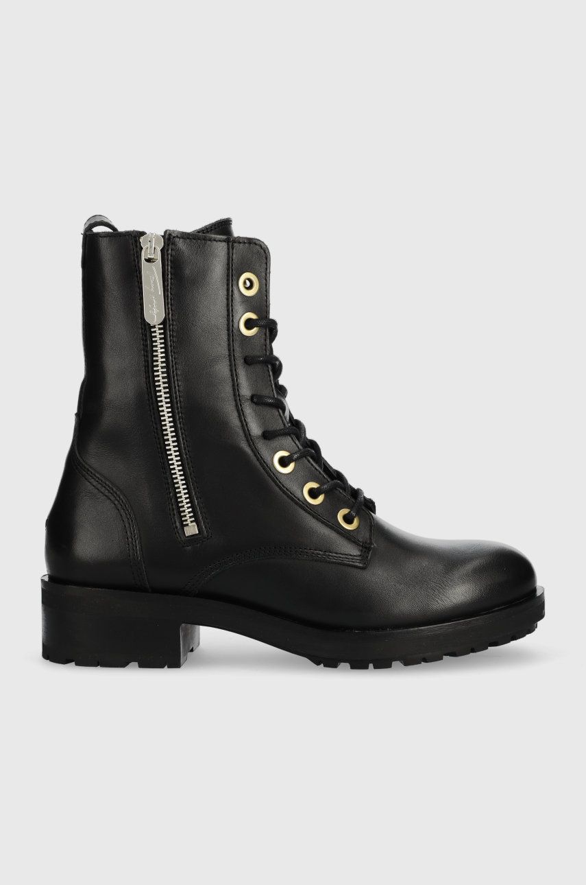 Kožené workery Tommy Hilfiger Th Essentials Biker Boot dámske, čierna farba, na plochom podpätku, zateplené