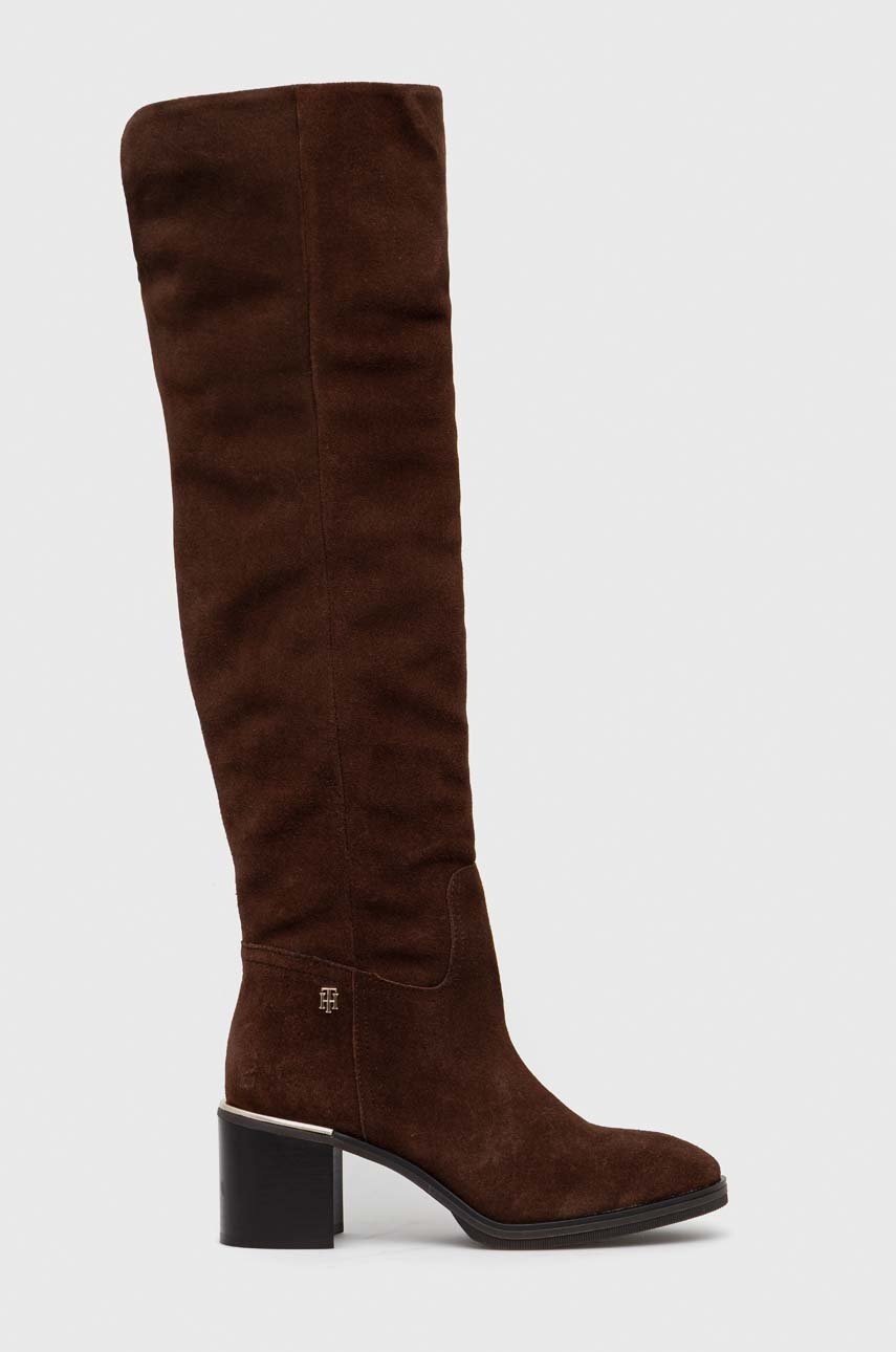 

Велурени ботуши Tommy Hilfiger Th Belt Suede Overknee Boot в кафяво с висок ток, Кафяв