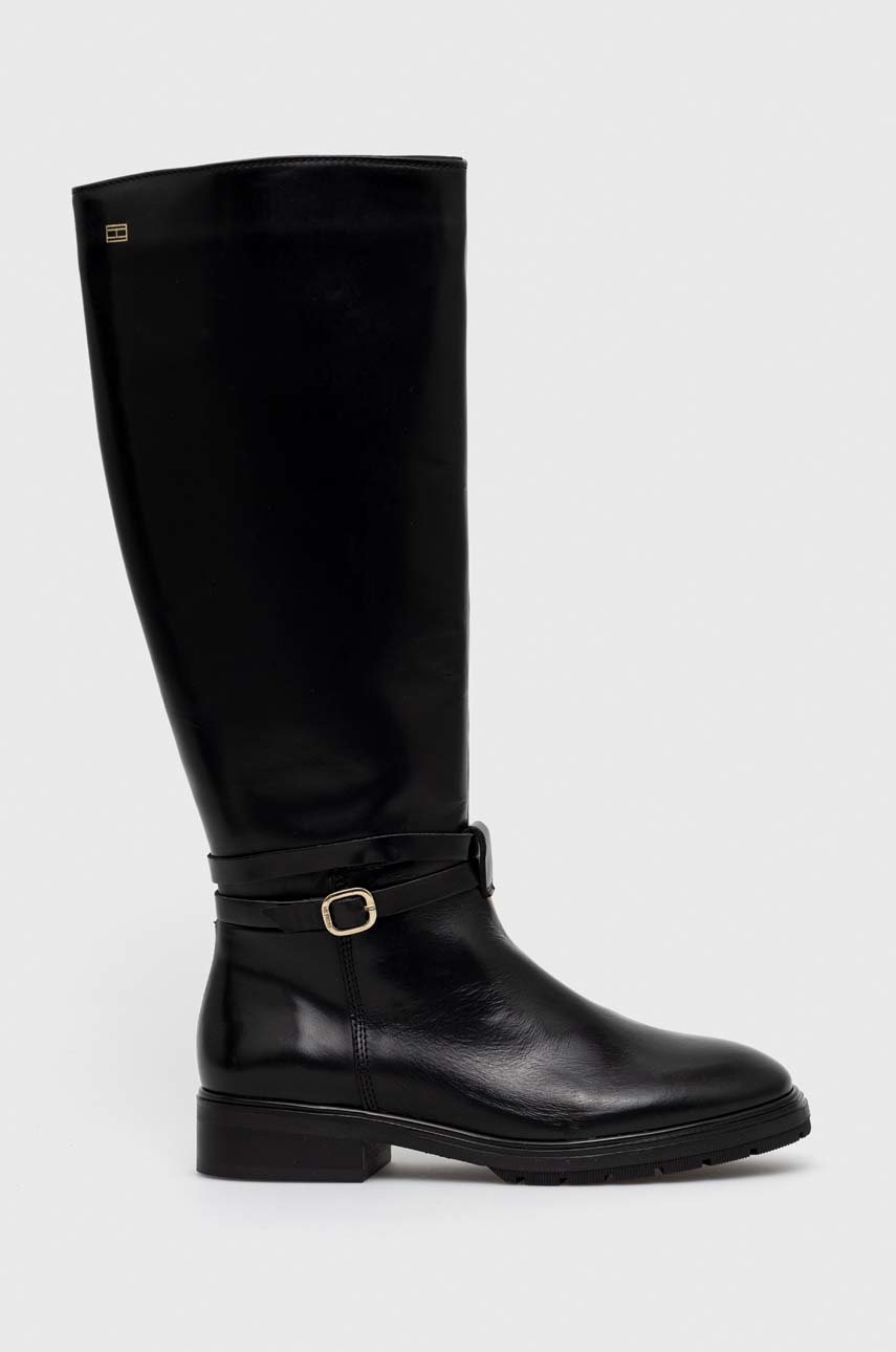 

Кожени ботуши Tommy Hilfiger Leather Belt Longboot в черно с платформа, Черен