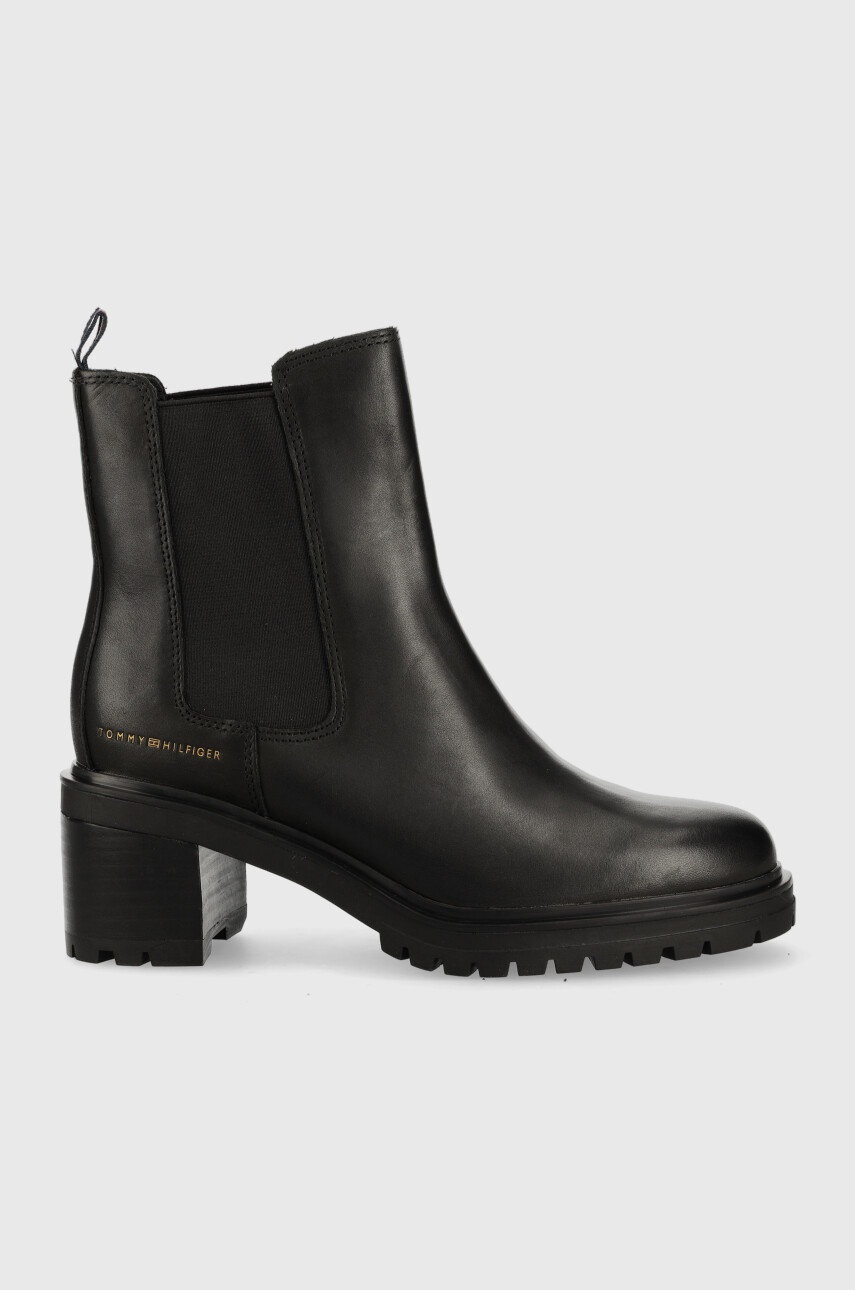 

Кожаные полусапоги Tommy Hilfiger Outdoor Chelsea Mid Heel Boot женские цвет чёрный каблук кирпичик