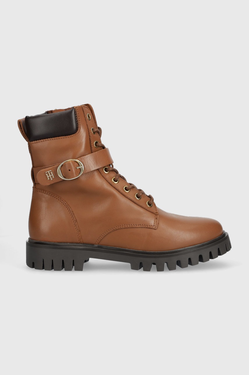 

Шкіряні черевики Tommy Hilfiger Buckle Lace Up жіночі колір коричневий на плоскому ходу