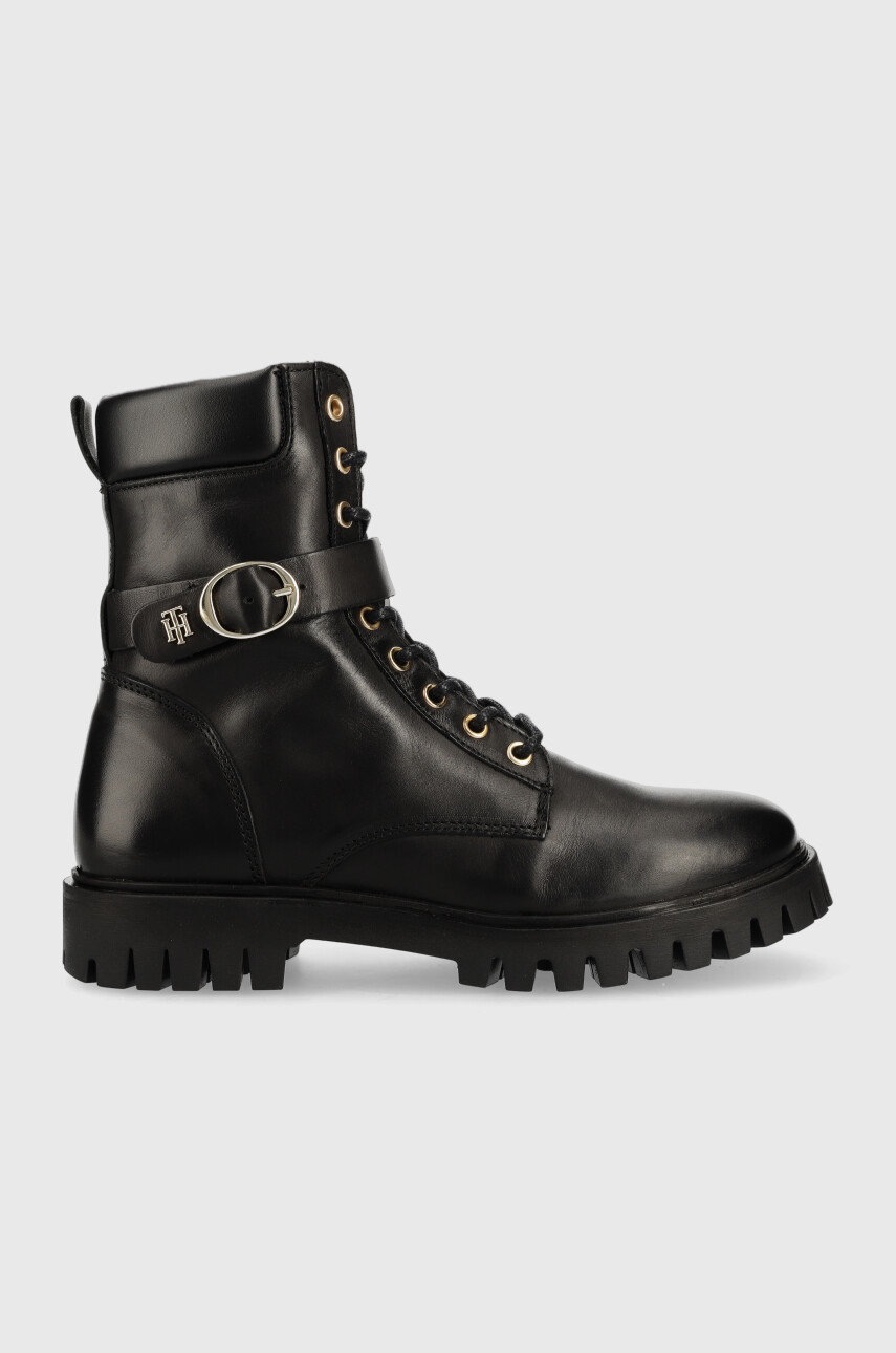 

Кожаные полусапоги Tommy Hilfiger Buckle Lace Up Boot женские цвет чёрный на плоском ходу