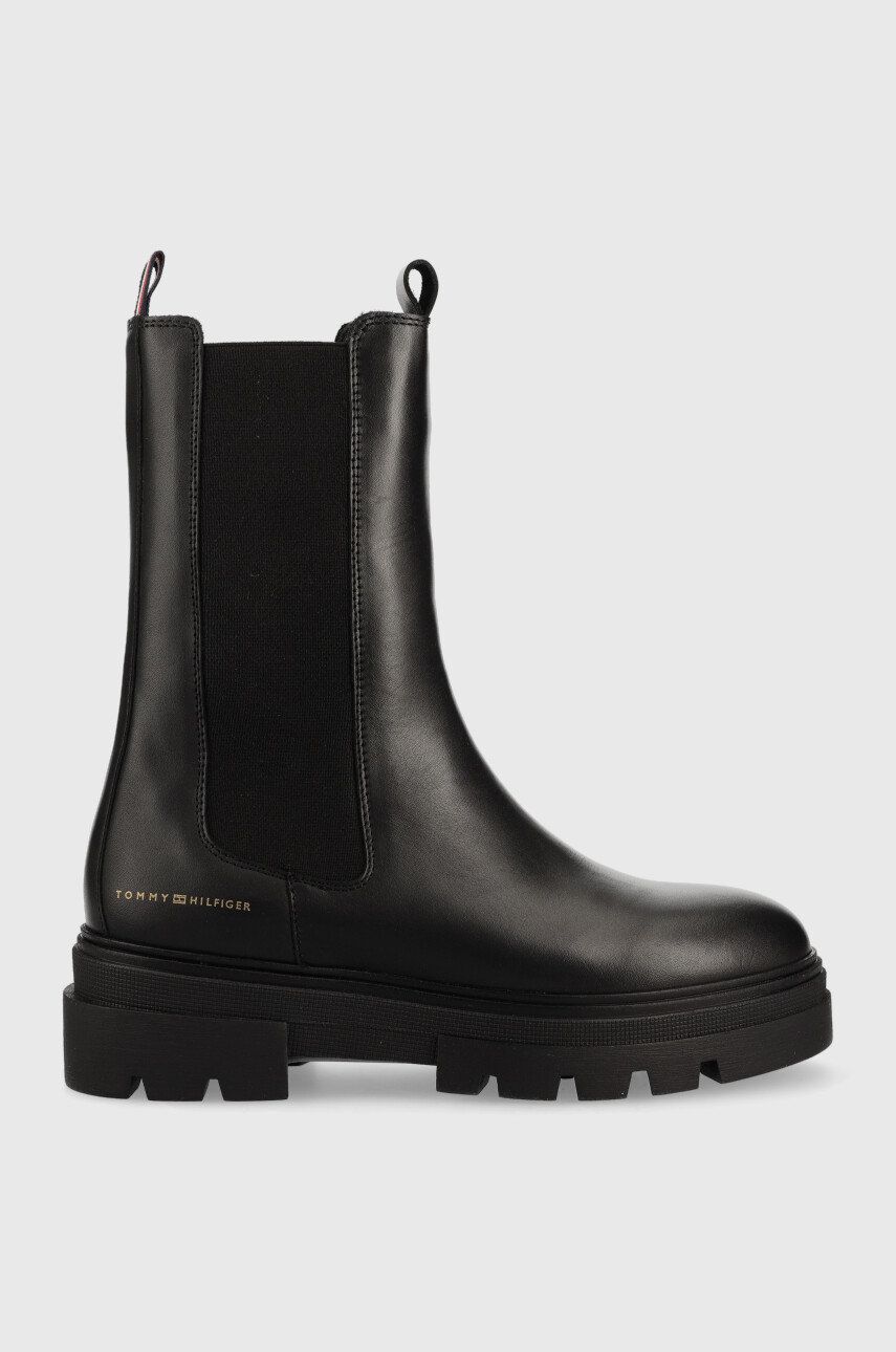 Kožené kotníkové boty Tommy Hilfiger Monochromatic Chelsea Boot dámské, černá barva, na plochém podp