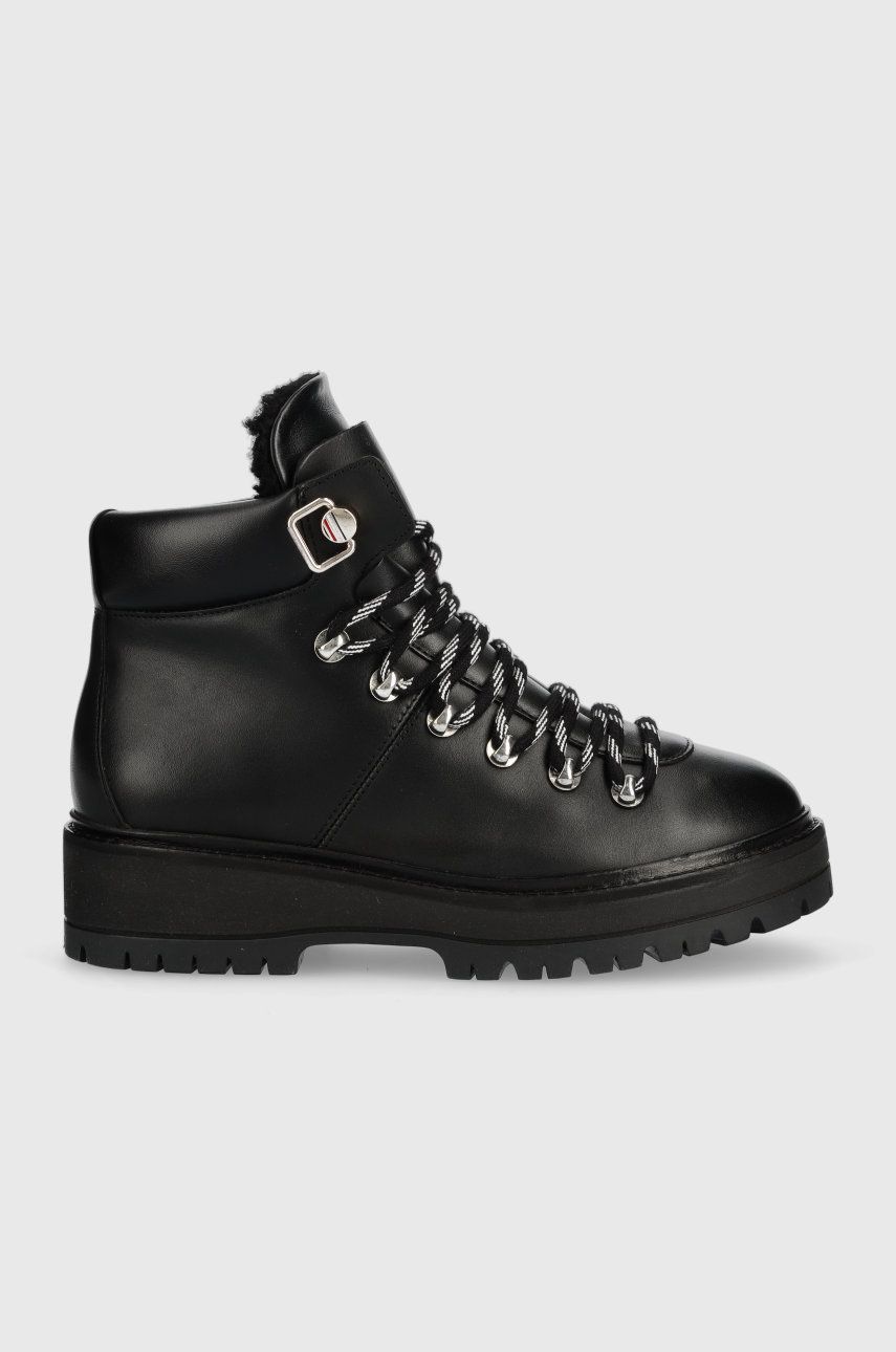 Levně Nízké kozačky Tommy Hilfiger Leather Outdoor Flat Boot dámské, černá barva, na platformě, lehce zateplené