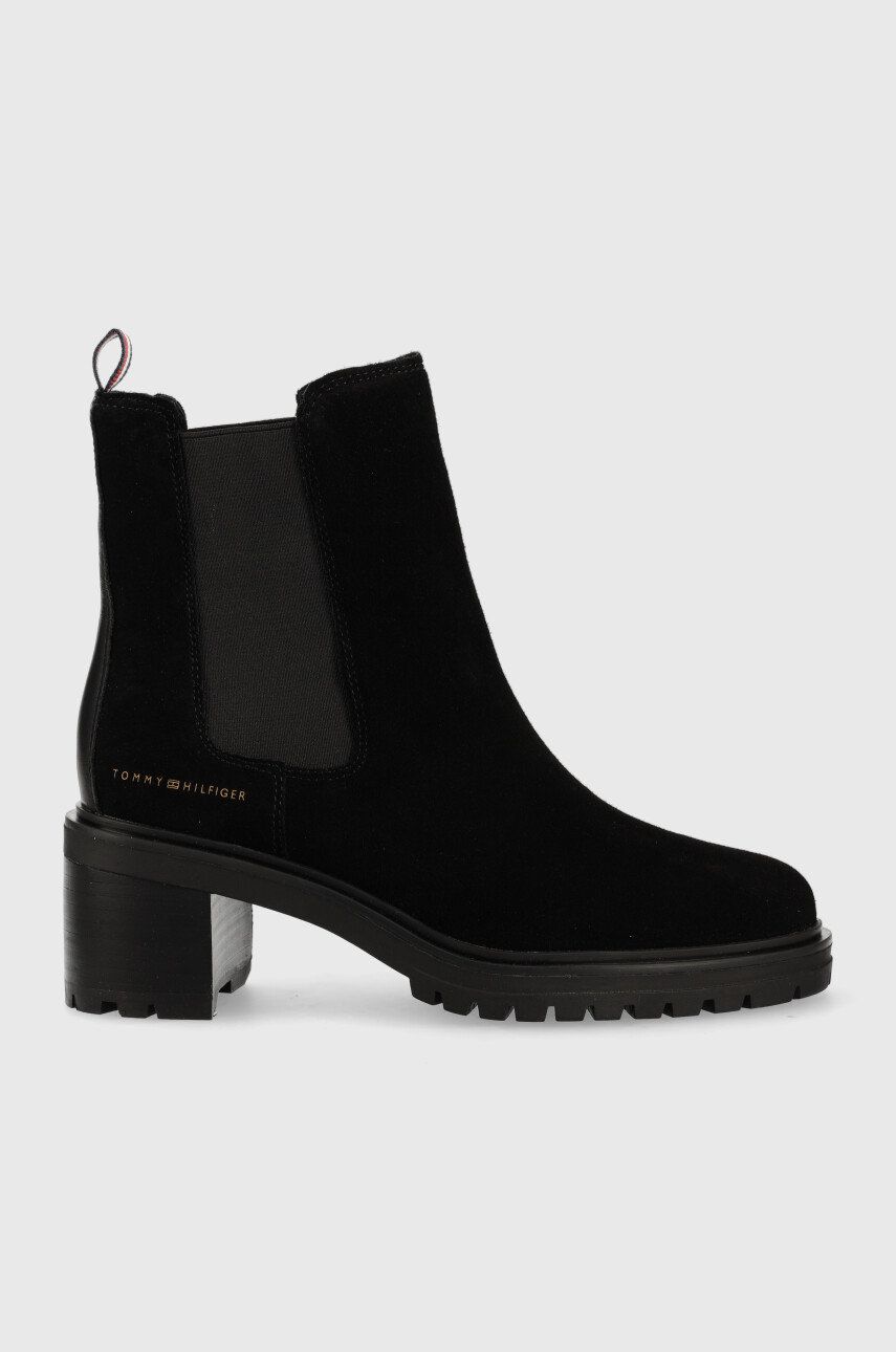 Semišové kotníkové boty Tommy Hilfiger Outdoor Chelsea Mid Heel Boot dámské, černá barva, na podpatk