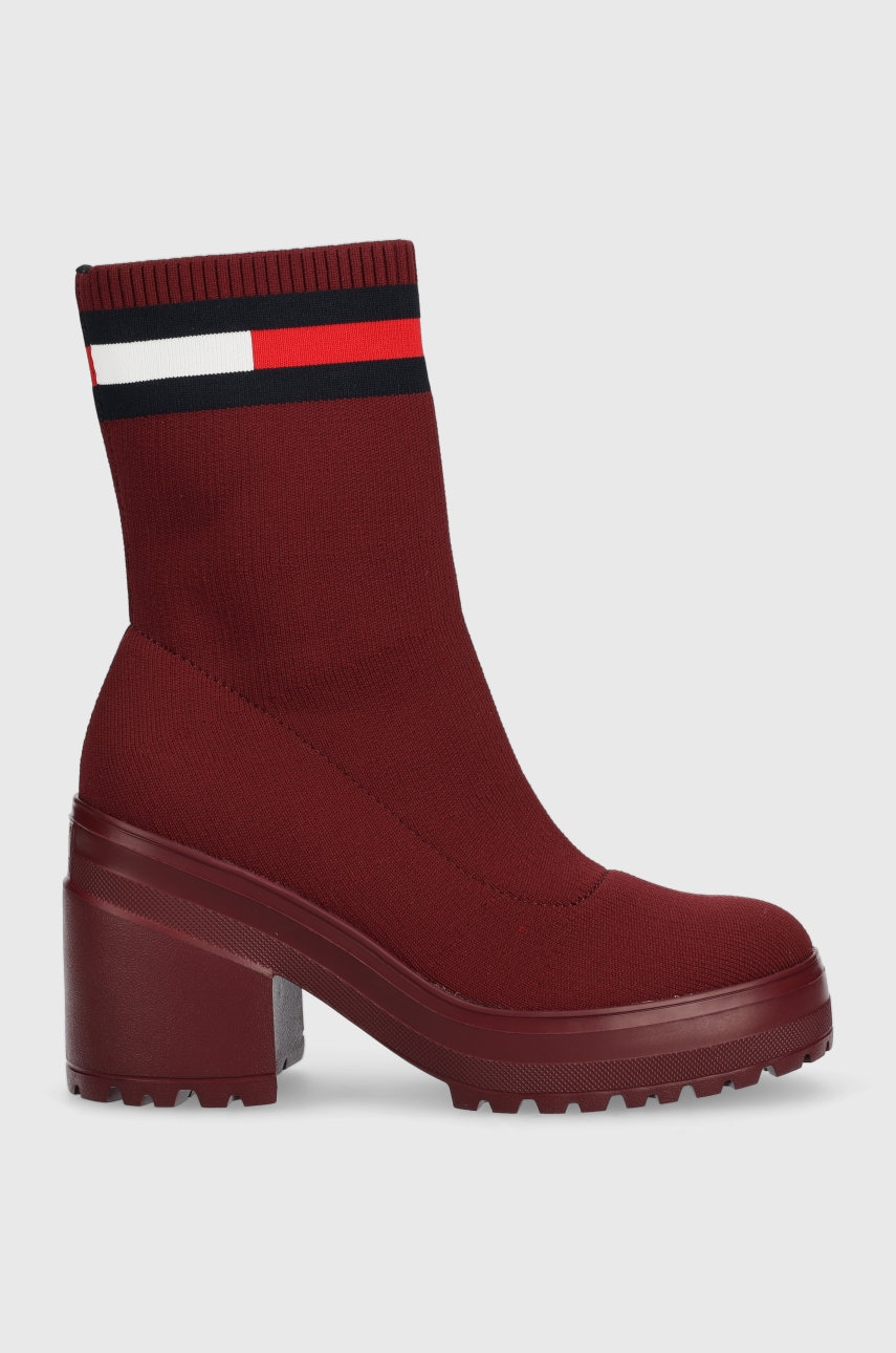Tommy jeans botine water resistent knitted boot femei, culoarea bordo, cu toc drept