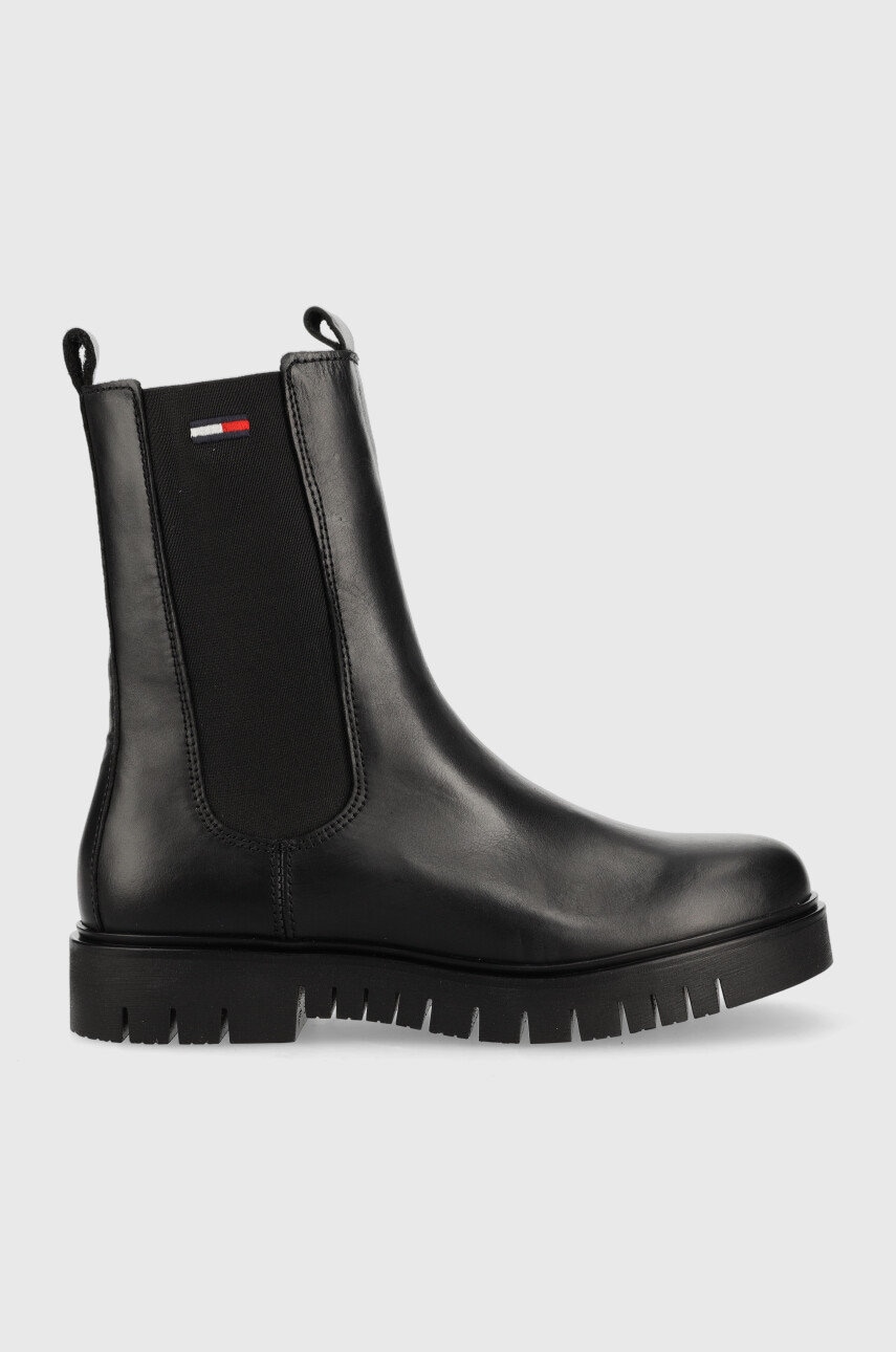 Kožené kotníkové boty Tommy Jeans Tommy Jeans Long Chelsea Boot dámské, černá barva, na platformě - 