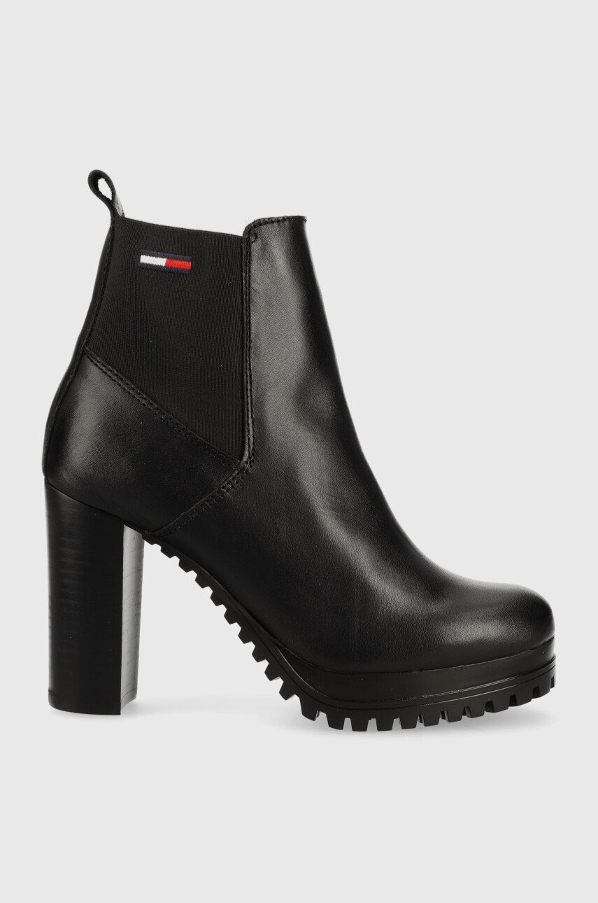 

Кожени боти челси Tommy Jeans Essentials High Heel Boot в черно с висок ток, Черен