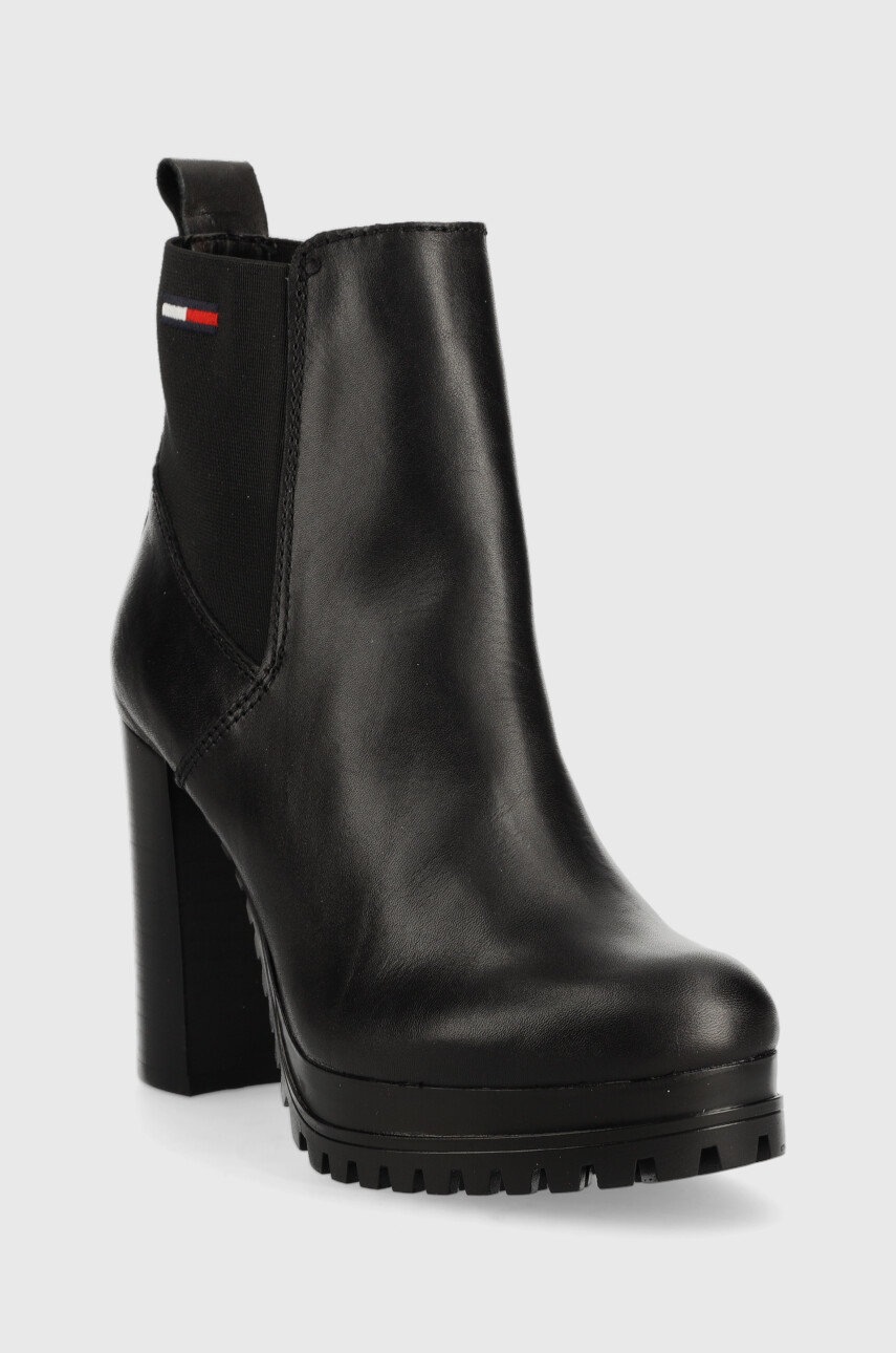

Шкіряні черевики Tommy Jeans Essentials High Heel Boot жіночі колір чорний каблук блок