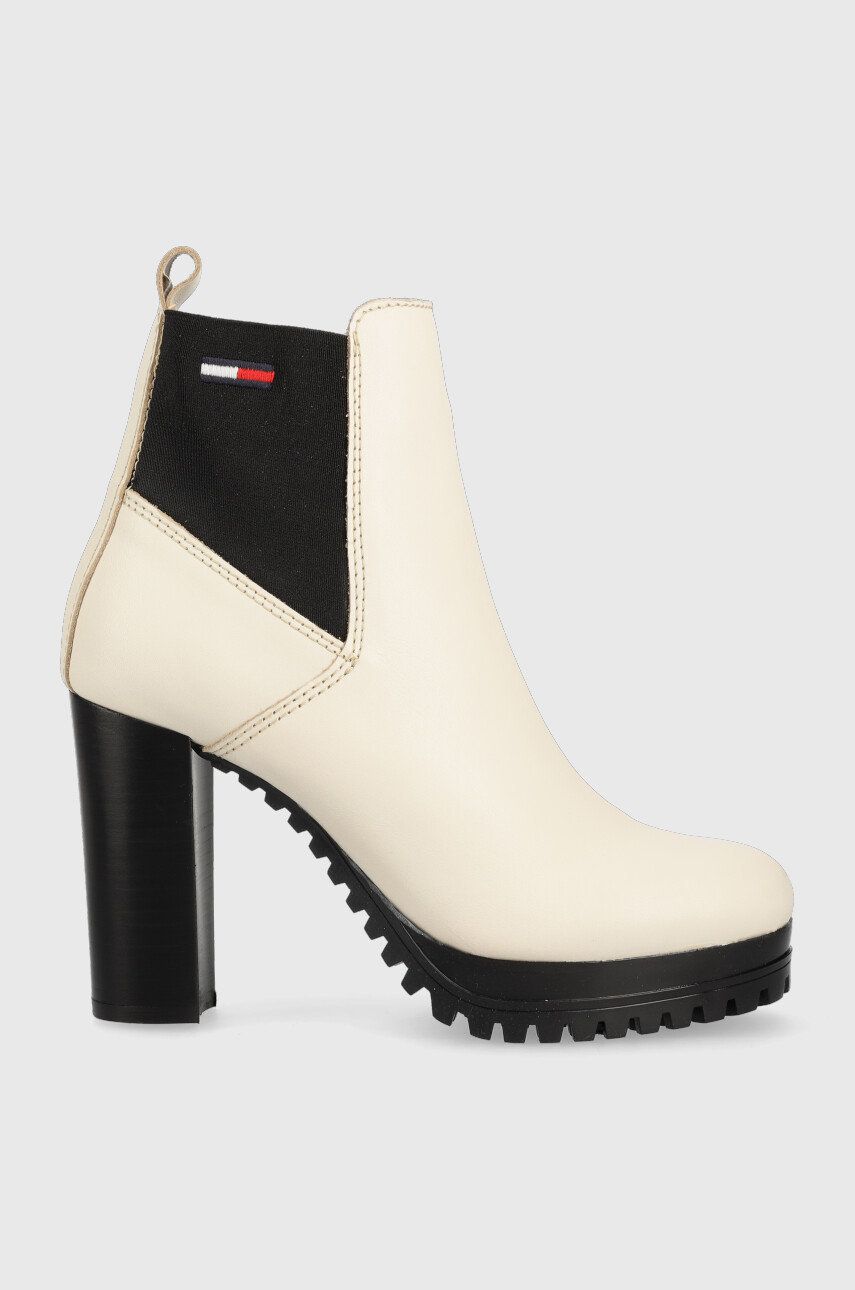 Tommy Jeans ghete chelsea de piele Essentials High Heel Boot femei, culoarea bej, cu toc drept