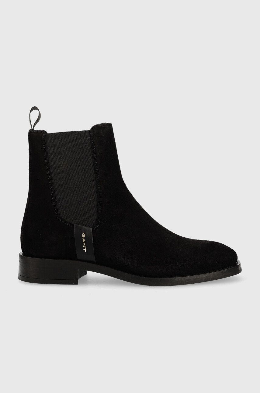 Gant Botine Din Piele Intoarsa Fayy Femei, Culoarea Negru, Cu Toc Plat