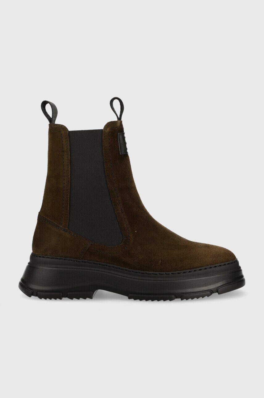 Gant botine din piele intoarsa janebi femei, culoarea maro, cu toc plat
