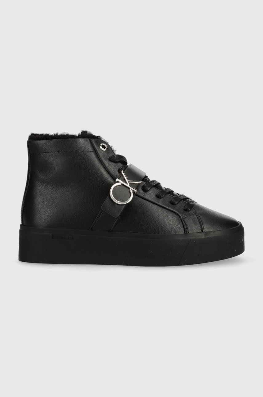 

Кожени маратонки Calvin Klein Flatform Cup High Top Ck в черно, Черен