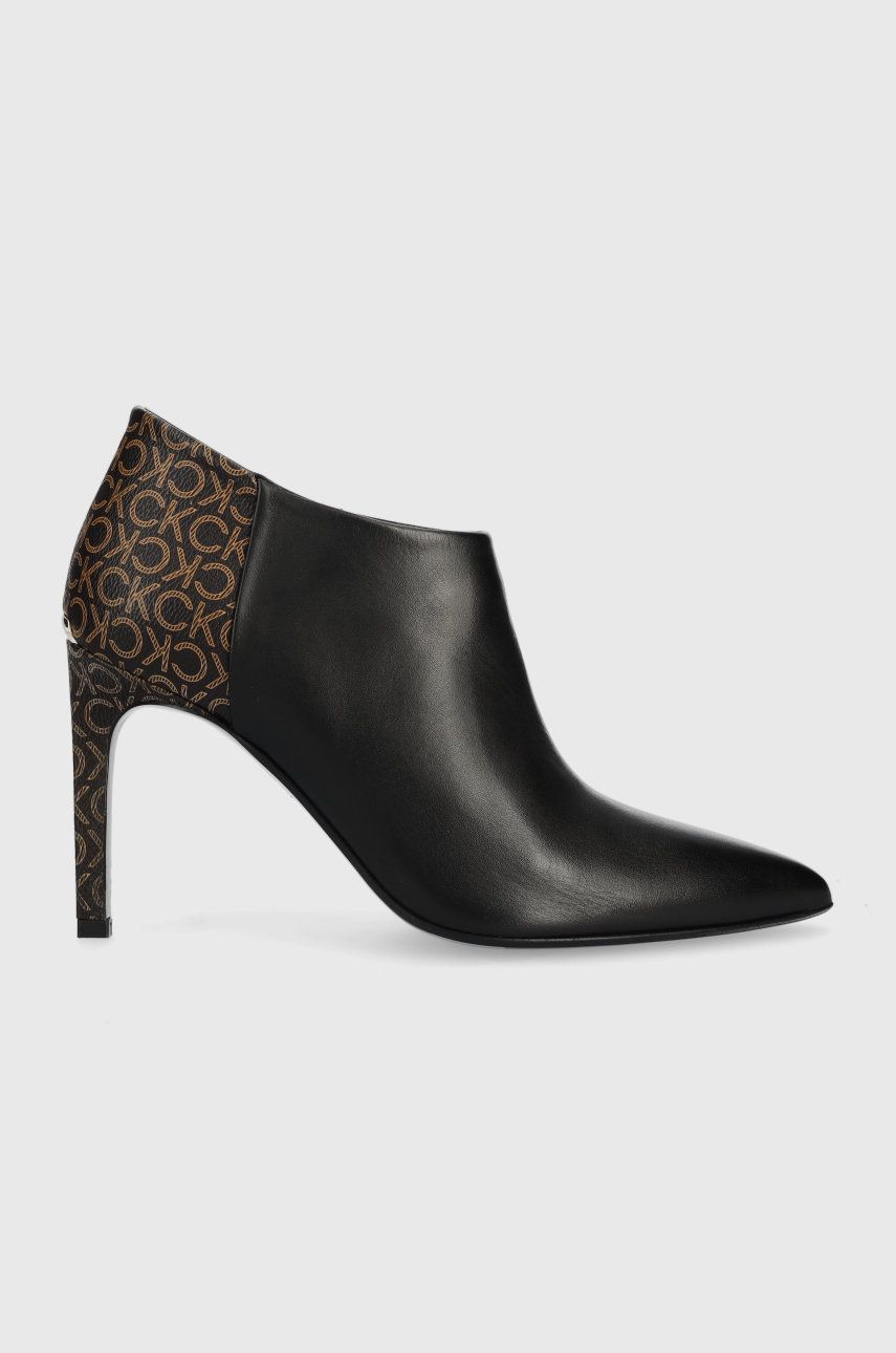 

Кожени боти Calvin Klein Essential Ankle Bootie 90 в черно с ток стилето, Черен