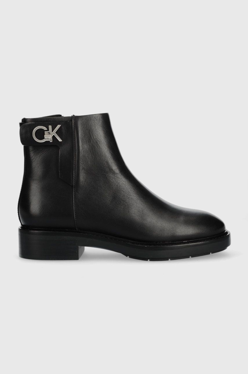 Levně Kožené kotníkové boty Calvin Klein Rubber Sole Ankle Boot dámské, černá barva, na plochém podpatku