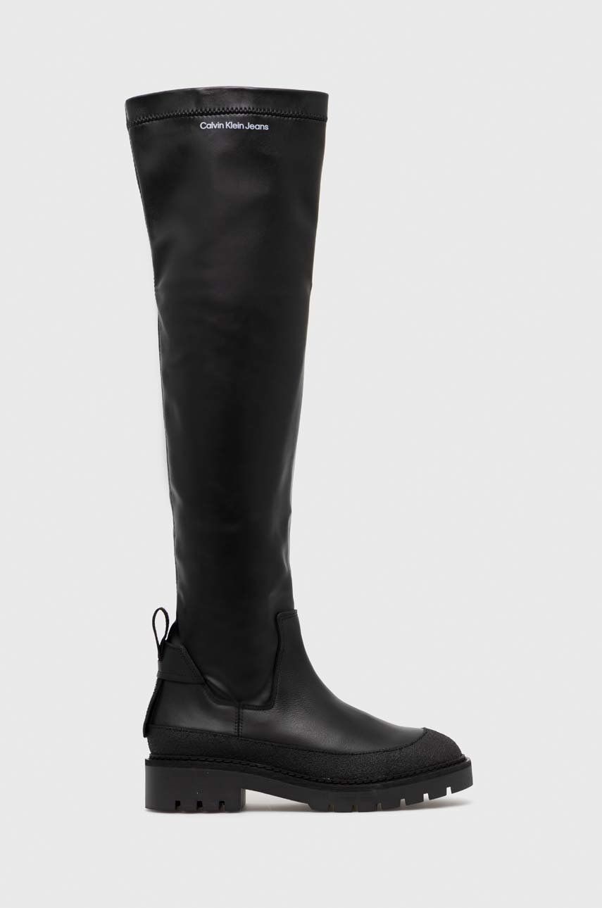 Calvin Klein Jeans kozaki Combat Knee Boot damskie kolor czarny na płaskim obcasie
