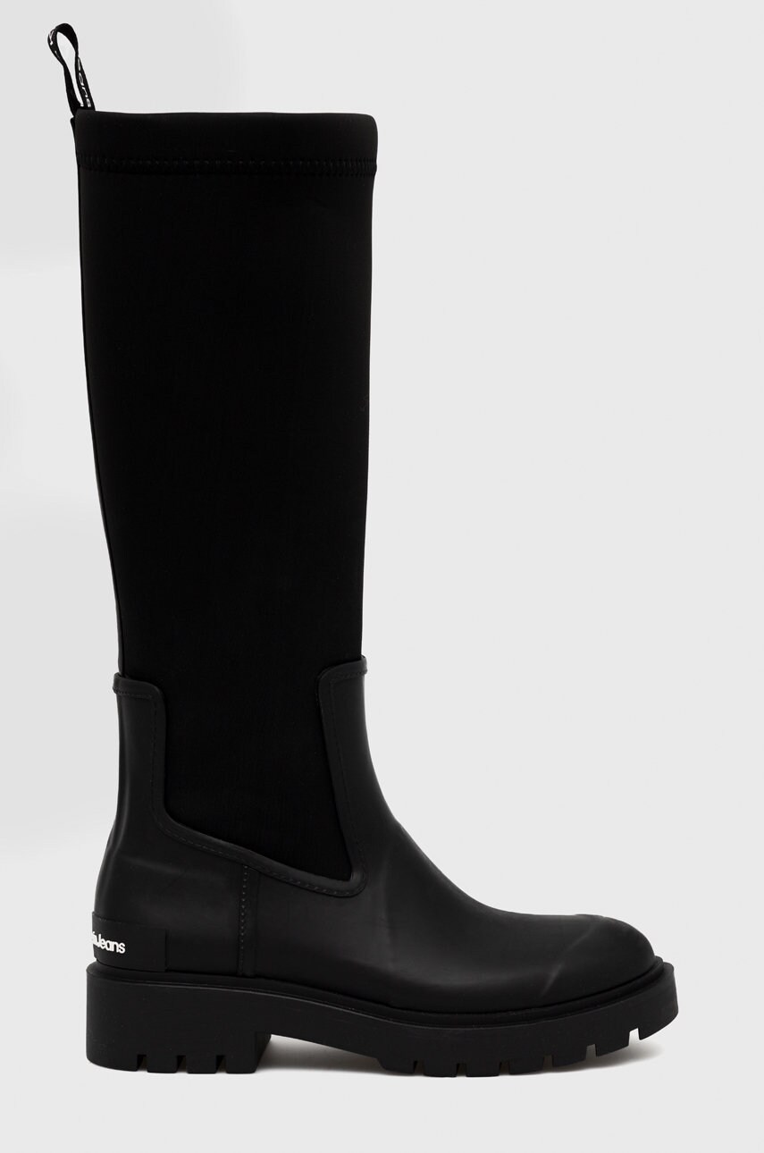 

Ботуши Calvin Klein Jeans High Rainboot Neoprene в черно с равна подметка, Черен