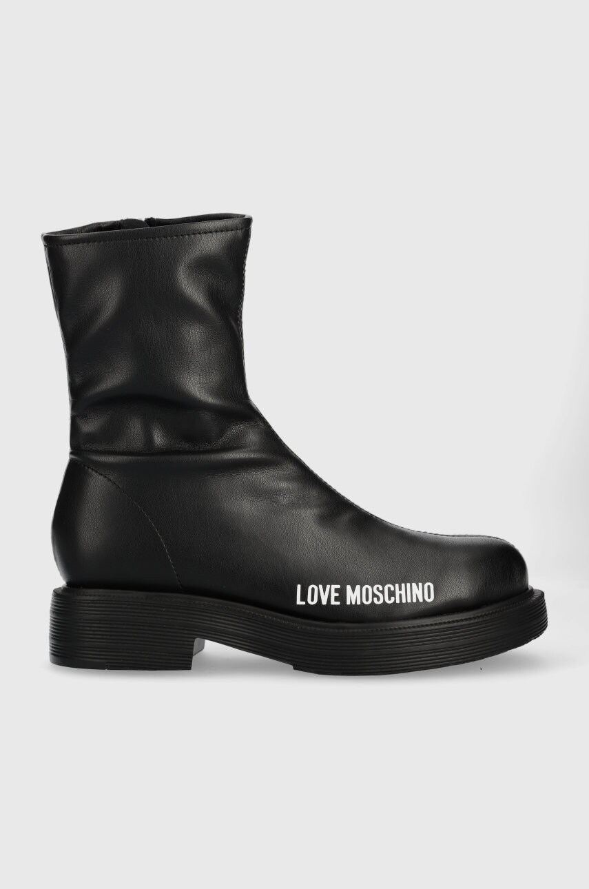 Love Moschino botine femei, culoarea negru, cu toc plat