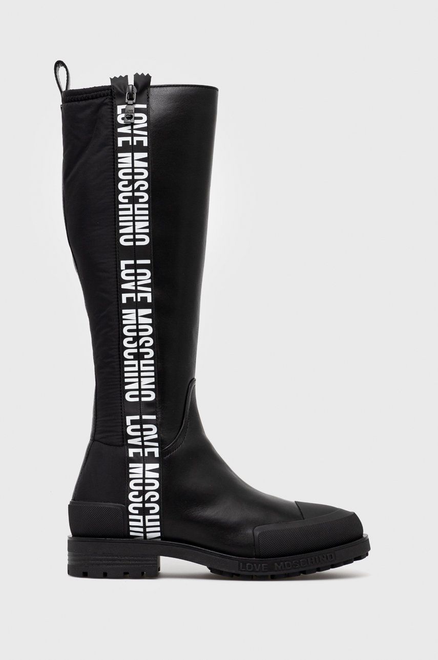 Kozačky Love Moschino dámské, černá barva, na plochém podpatku - černá -  Svršek: Textilní mate