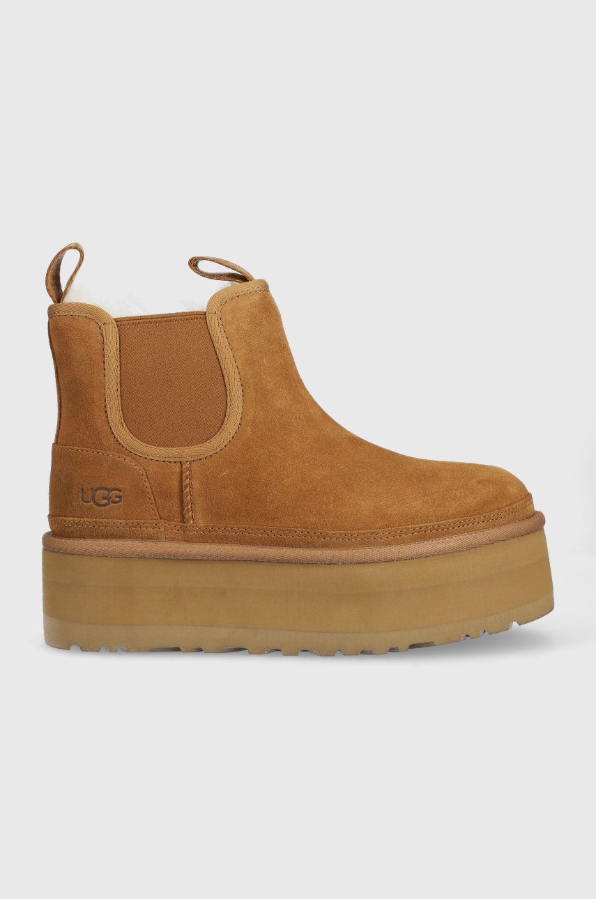 UGG botine din piele intoarsa W Neumel Platform Chelsea femei, culoarea maro, cu platforma, izolat