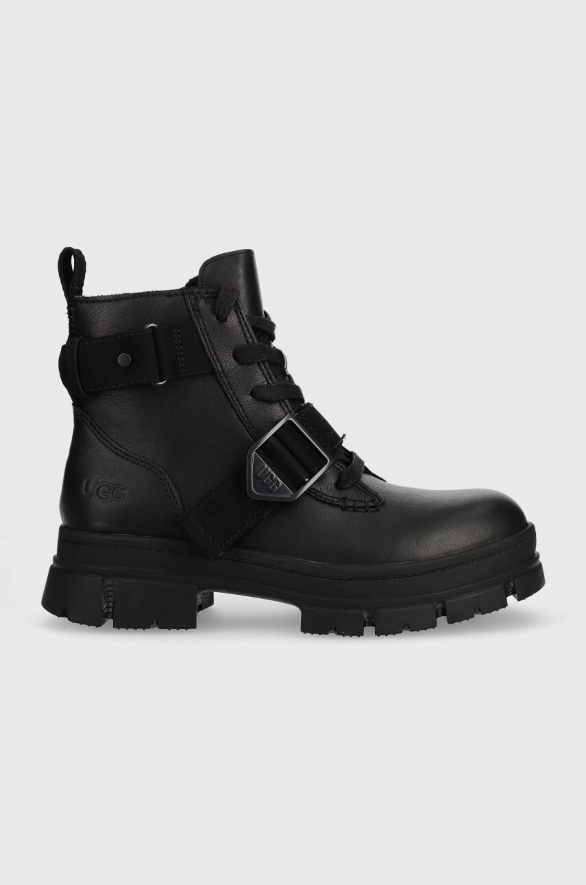 Ugg cizme de piele w ashton lace up femei, culoarea negru, cu platforma