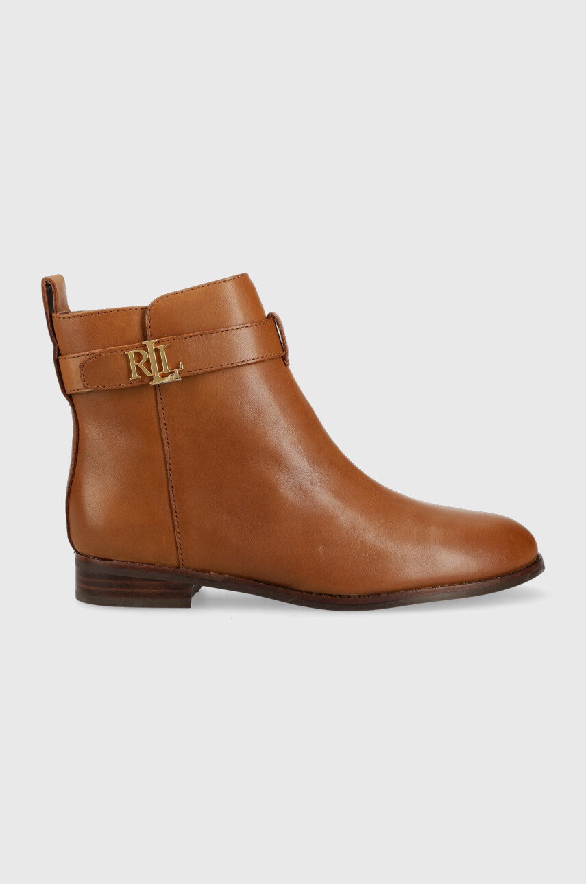 Nízké kozačky Lauren Ralph Lauren Burnished Calf dámské, hnědá barva, na plochém podpatku - hnědá - 