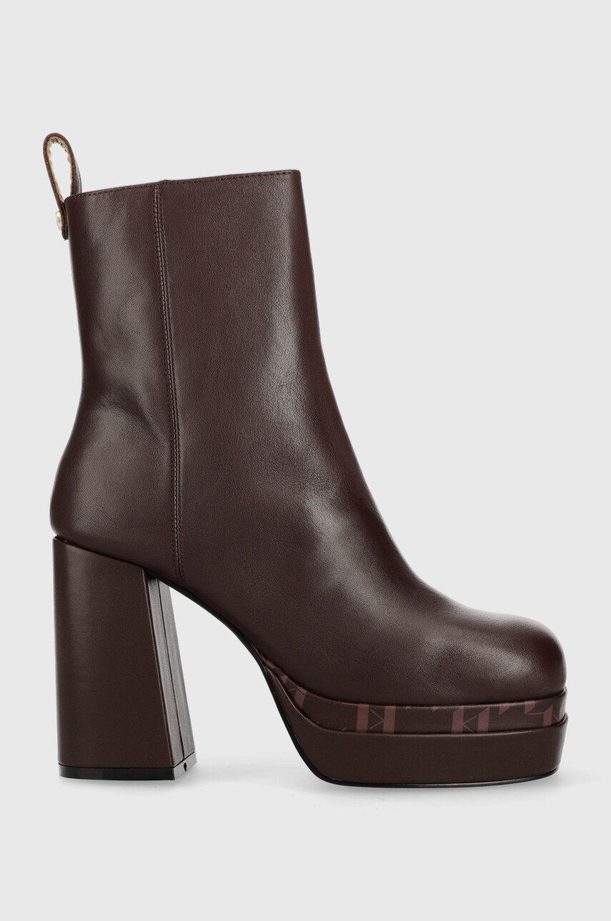 Levně Kožené kotníkové boty Karl Lagerfeld Strada dámské, hnědá barva, na podpatku