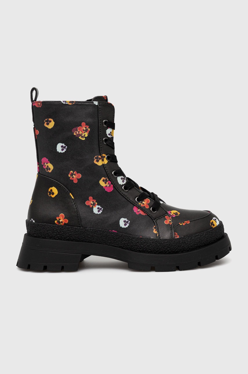Desigual bocanci flowers femei, culoarea negru, cu platforma