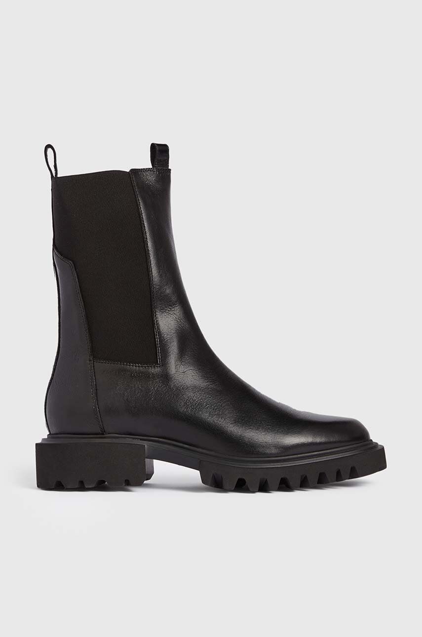 E-shop Kožené kotníkové boty AllSaints Hallie dámské, černá barva, na plochém podpatku