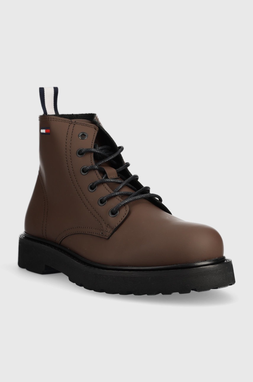 

Кожаные полусапоги Tommy Jeans Short Lace Up Leather Boot мужские цвет коричневый