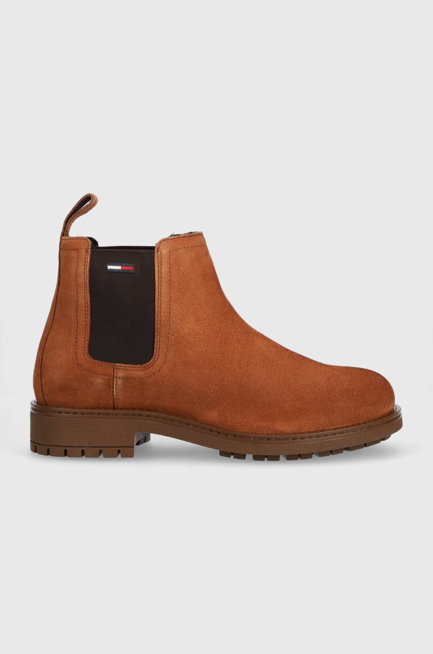 Tommy jeans botine din piele intoarsa classic tommy jeans chelsea boot barbati, culoarea maro