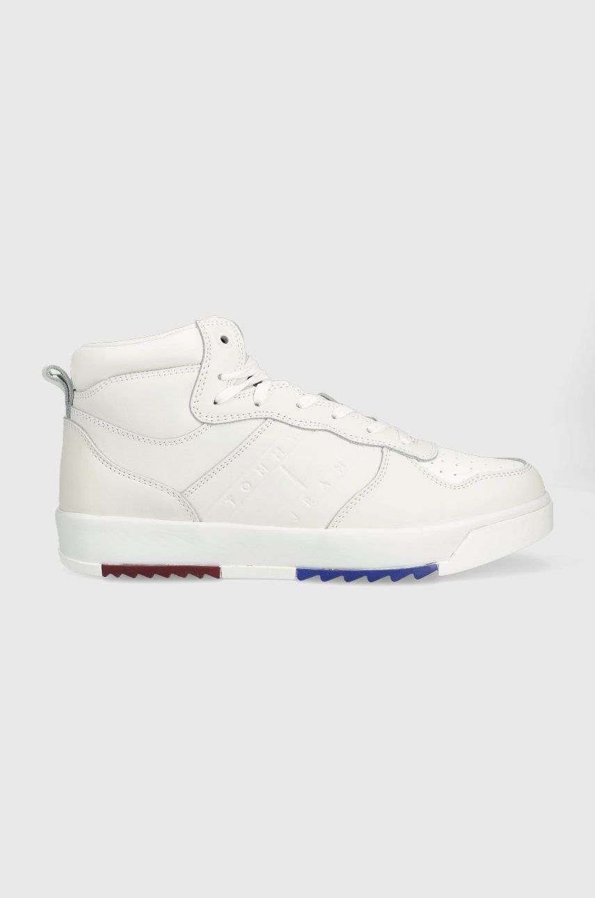 Levně Kožené sneakers boty Tommy Jeans Leather Basket Midcut bílá barva