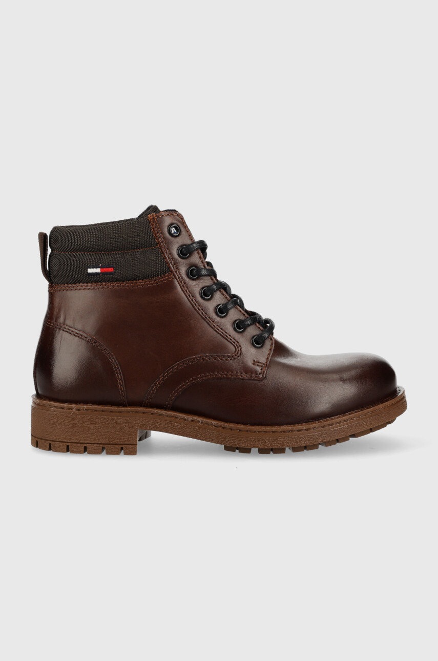 Tommy Jeans trapery skórzane Classic Short Lace Up Boot męskie kolor brązowy