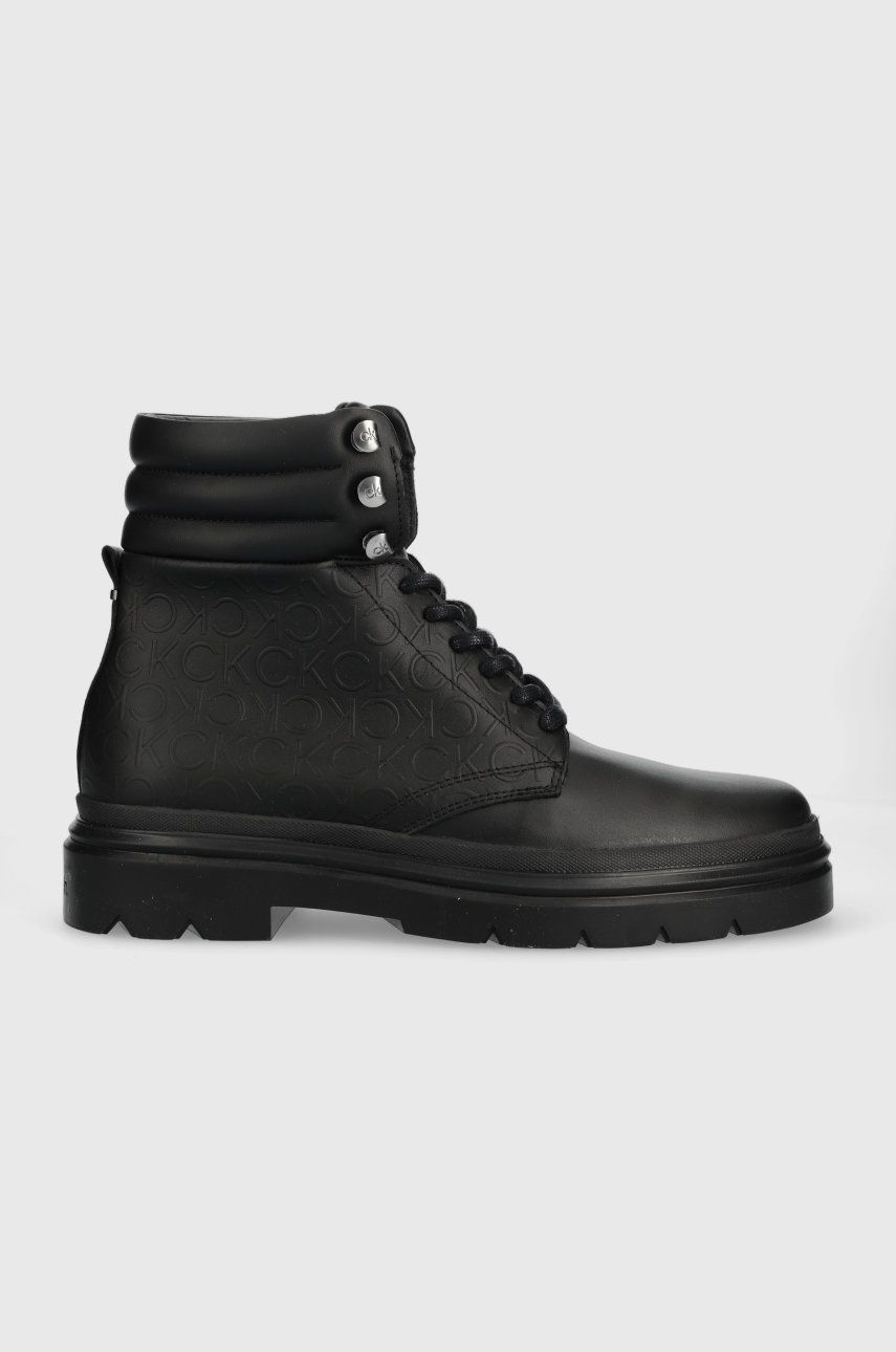 Levně Kožené trapery Calvin Klein Combat Boot Mono pánské, černá barva
