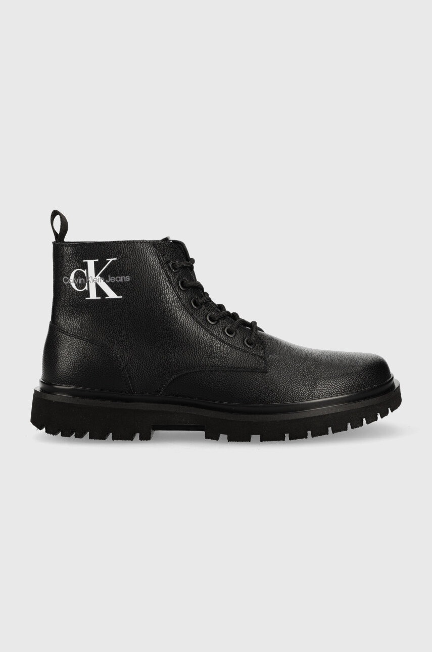 

Кожени обувки Calvin Klein Jeans Lug Mid Laceup Boot в черно, Черен
